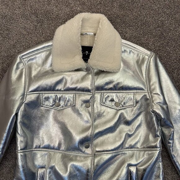 7 For All Mankind Women's Coat Size XS Metallic Silver Jacket Faux Fur NWT - Picture 8 of 16